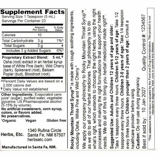 Rocky Mountain Throat Syrup, HET